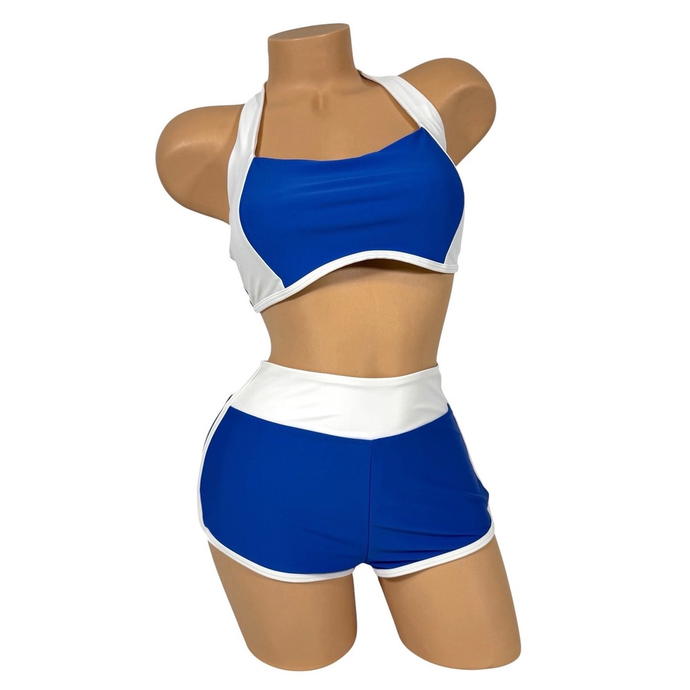 Old Navy Women's Blue White Colorblock Halter Bikini Top & Swim Shorts Set M L
